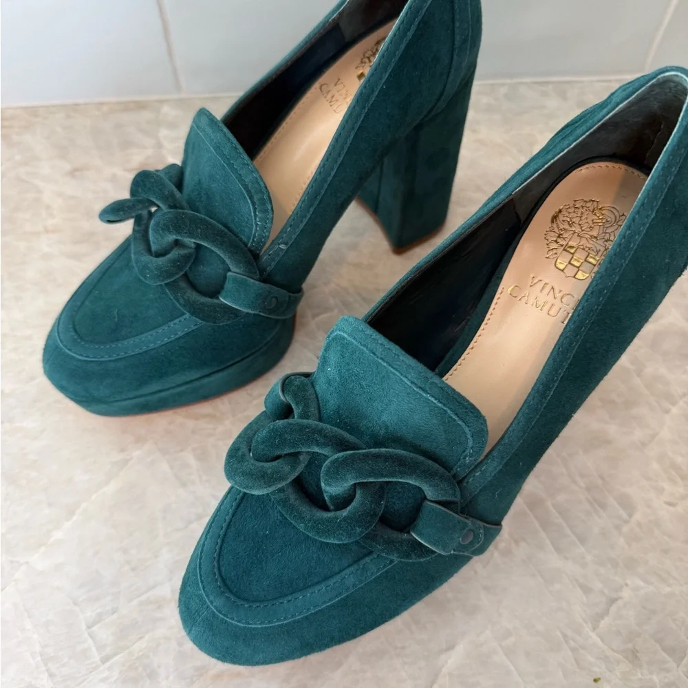 Vince Camuto Teal Suede Chain-Link Loafers